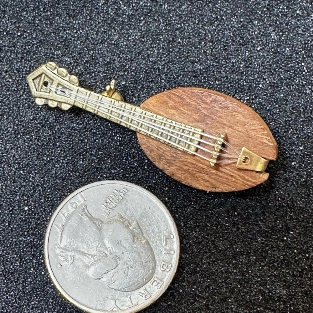 Miniature Mandolin Pin Brooch - Wood & Gold Tone